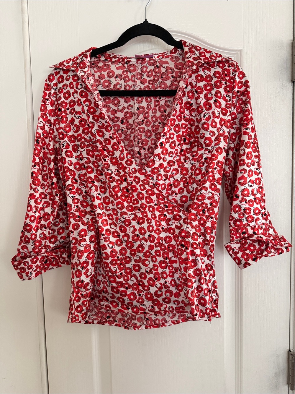 Red Floral Wrap-Style Blouse with 3/4 Sleeves